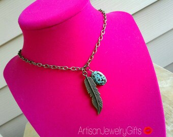 Turquoise Stone Feather Necklace Bohemian Necklace Antique Brass Feather Necklace Feather Charm Necklace Turquoise Necklace Women's Necklace