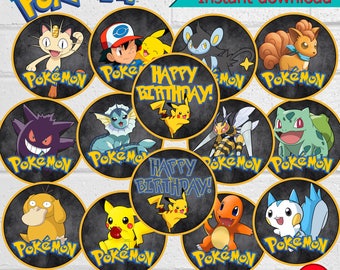 Pokemon Birthday Cupcake Toppers,Pokemon Cupcake Toppers, Birthday Party Cupcake Toppers,Pokemon Party, Pet Shop Stickers, instant download