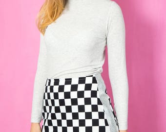 Checkered / Racing / Chessboard / Chef's Check Mini Skirt With Silver Metallic Panels