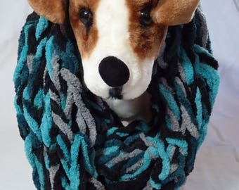 Arm-woven Infinity Scarf, Black, teal & gray, handmade, women's accessories, winter wear, dog not included