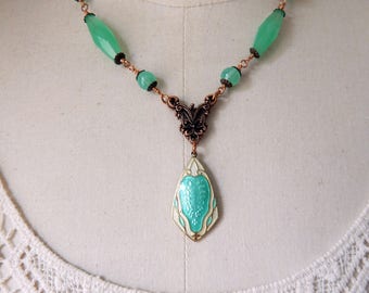 Antique Edwardian Guilloche Enamel Lavalier Necklace with Green Vintage Beads