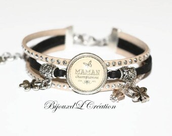 Bracelet "Champion MOM" Ribbon rhinestone cabochon