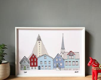 Islanda Reykjavik stampa - A4 Reykjavik Cityscape - stampa scandinava - Scandi Home Decor-