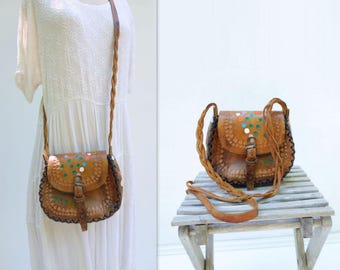 Tooled Leather Bag Boho Hippie Bag 1970s Boho Bag Leather Festival Bag 70s Boho Bags 70s Crossbody Bag 1970s Shoulder Bag Leather Satchel