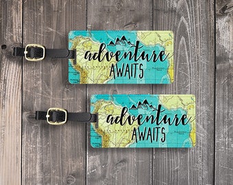 Luggage Tags Adventure Awaits Vintage Map Metal Luggage Tag With Printed Custom Info On Back, Single Tag or Set Available Version 1