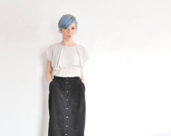 thick black suede leather skirt . retro high waist . long midi length .medium .sale