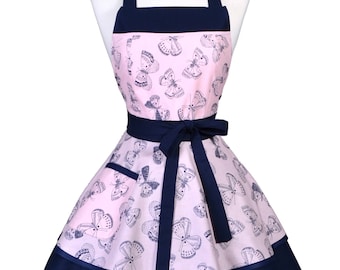 Womens Ruffled Retro Apron / Butterflies Navy on Pink Blush Womans Cute Flirty Vintage Pinup Kitchen Apron to Personalize or Monogram (FM)