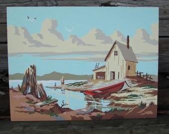 Vintage Paint by Number Boat House Craftint Mid Century 1956 PBN Unframed Painting 1950s