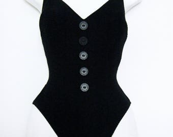 MINIMALIST 1990s BLACK button down SWIMSUIT, bathing suit, swimming costume, size s - m