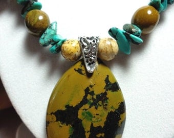 Turquoise Necklace All Natural Yellow Ochre Turquoise Pendant with Real Turquoise and Jasper Necklace and Sterling Silver