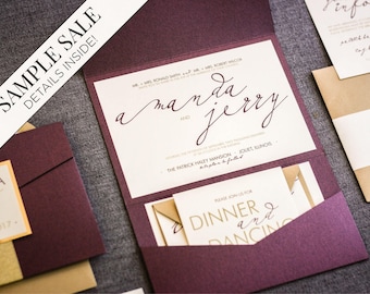 Modern Wedding Invitations, Purple Wedding Invitation Set, Calligraphy Wedding Invitation, Eggplant and Gold - "Modern Calligraphy" PF-NL-v1