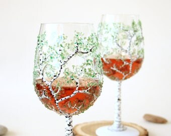 Wine Glasses, Birch Tree Design, Wedding Glasses, Hand painted, Set of 2
