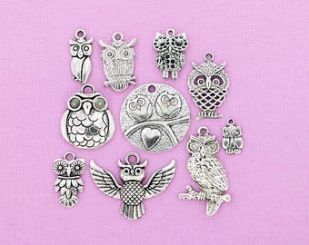 Owl Charm Collection Antique Silver Tone 9 Different Charms - COL092 NEW4