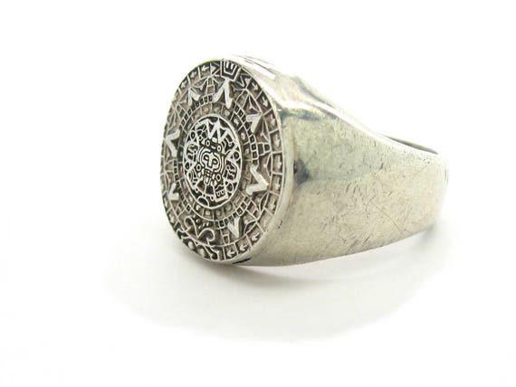 Aztec Calendar Ring. Mexican Zodiac Signet Ring. 950 Silver.