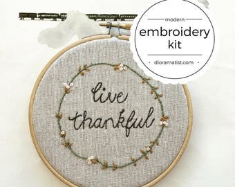 embroidery kit // Live Thankful - hand embroidery kit