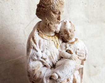 Ancienne Statuette religieuse. Français dévotion Statue de Saint-Joseph et l’enfant. Petite Statue ecclésiastique. Pieraccini signé. Estampillé deposé P * P