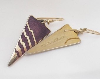 Vintage Laurel Burch Earrings, French Wires, Geometric in Purple and Gold