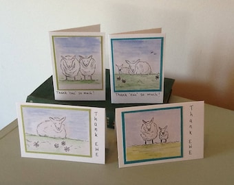 4 hand drawn sheep mini thank you cards, set handmade thank ewe note cards, illustrated little thanks stationery, humorous greetings pack