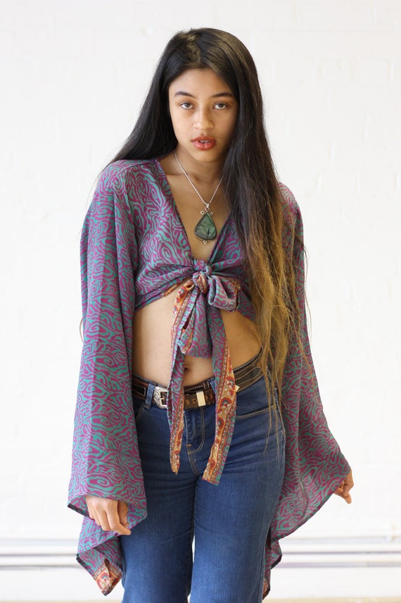 HIPPIE TIE TOP - Bell sleeve crop top- Silk Tie Top- Vintage- Festival Top- Retro- 70s- Crop Top- Shawl- Kimono- 100% Silk- Couture