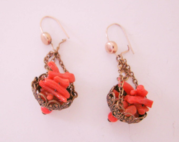 Antique Branch Coral Chandelier Drop Earrings / Filigree / Vintage Jewelry / Jewellery