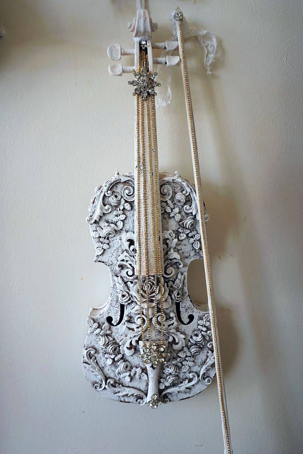 Violin musical instrument art wall hanging white French Nordic