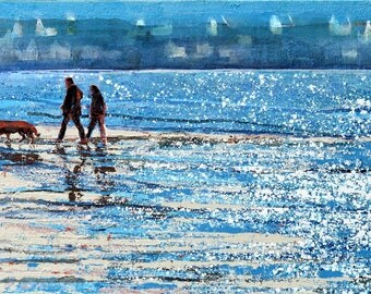 Painting of Brittany - BRETAGNE FRANCE - "Early morning walk, Brittany" by Melanie McDonald - couple on beach - Brittany France - Locquirec