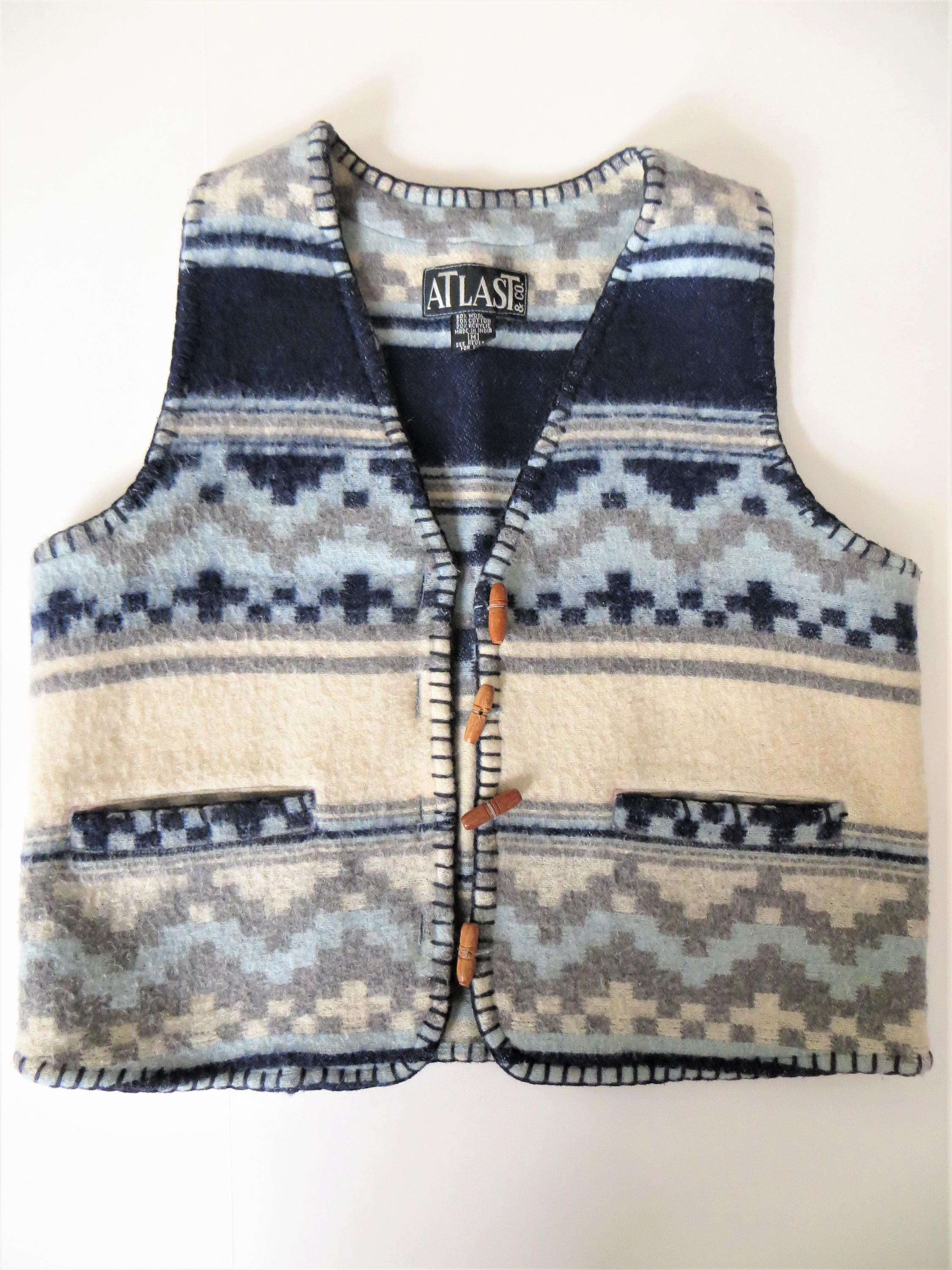 Blanket Vest Southwestern Style Wool Blend Navy Blue Light