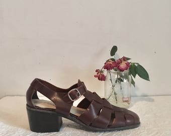 80s brown strappy sandals, leather chunky heeled sandals, gladiators, size 9 - vintage -