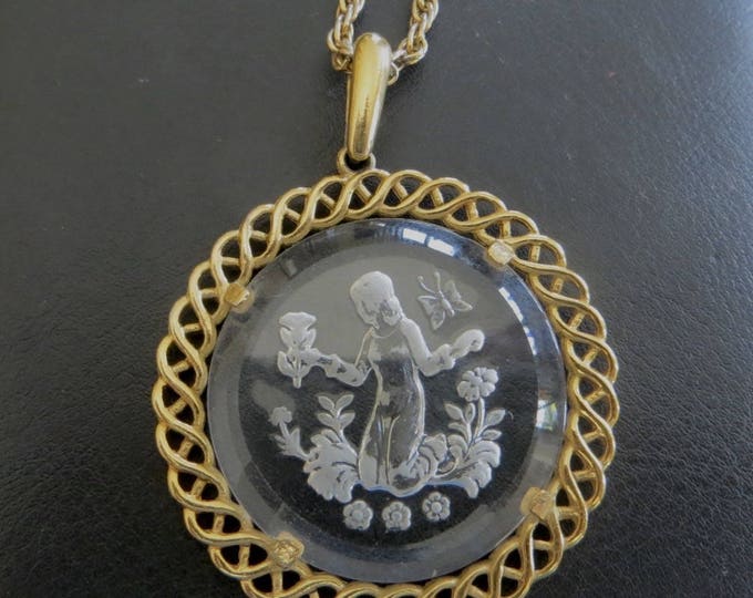 Crown Trifari Cameo Necklace, Glass Intaglio Cameo, Girl Picking Flowers, Butterfly, Vintage Cameo Jewelry