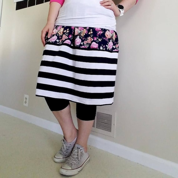 Floral Striped Modest Exercise Skirt with Built-in Leggings