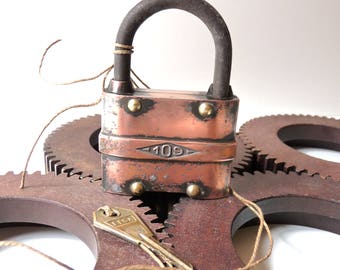 Antique lock and Key Copper and Brass Lock stamped EFSA 109 Collectible