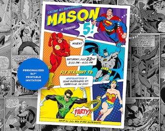 Superhero Invitation. Justice League Party. Superheroes BirthdayParty. Batman. Superman. Flash. Green Lantern. Wonder Woman.