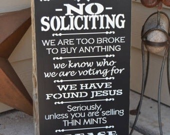 No Soliciting Sign, Thin Mints Sign, Front Porch Sign, 9.5x18 Solid Pine Wood Sign, Choose hanger & color