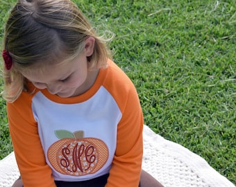 Monogram Pumpkin Shirt, Embroidered Fall Top, Kid's Raglan Tee, Girl's Clothing, Children's Initial Outfit, Halloween T-shirt, Thanksgiving
