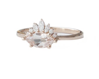 Marquise Morganite Ring ,Morganite Engagement Ring, Diamonds Crown Engagement Ring, Antique Style Engagement Ring, Vintage Engagement Ring
