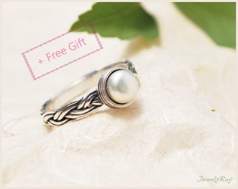 Pearl Engagement Ring, Pearl ring, Braided Silver ring, June birthstone ring, Personalized engagement ring, Pearl promise ring, Gift for her