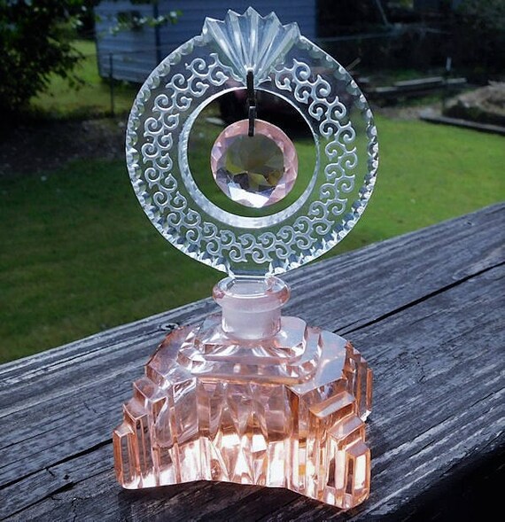 RARE MORLEE Czech Perfume Bottle / Pink Rosaline Crystal Glass / Dangling Pink Prism / Art Deco / Czechoslovakia