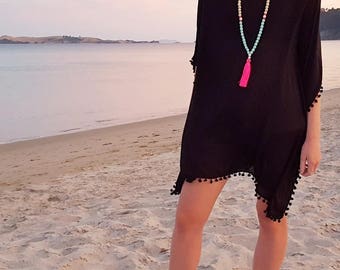 Caftan Dress - Black beach cover up kaftan dress with black pom pom trim
