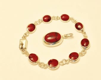 Vintage Red Jasper and Sterling Silver Bracelet and Pendant Set - Mexico 1990's