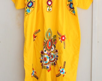 Yellow Mexican Dress - Vintage Embroidered Dress - Bohemian Maxi Dress - Short Sleeve Sundress - Long Boho Dress - Floral Hippie Dress