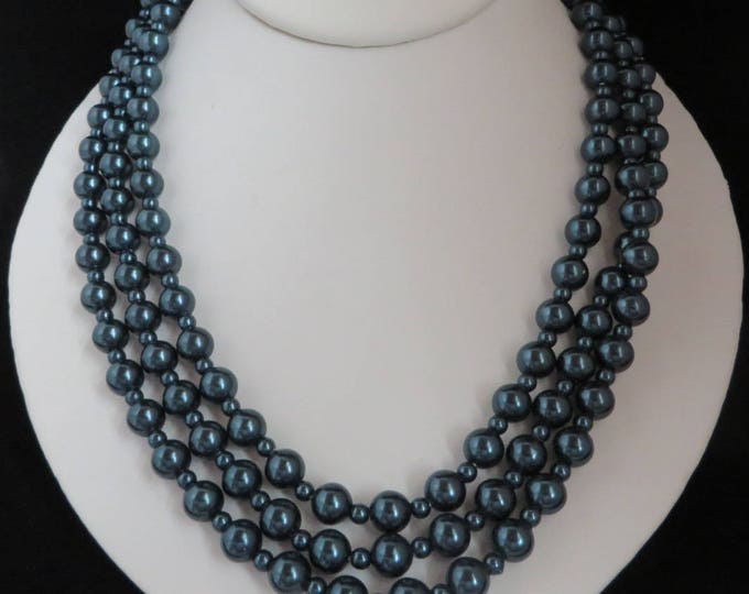 Blue Flapper Necklace, Vintage Dark Teal Blue Long Beaded Necklace, Gift For Her