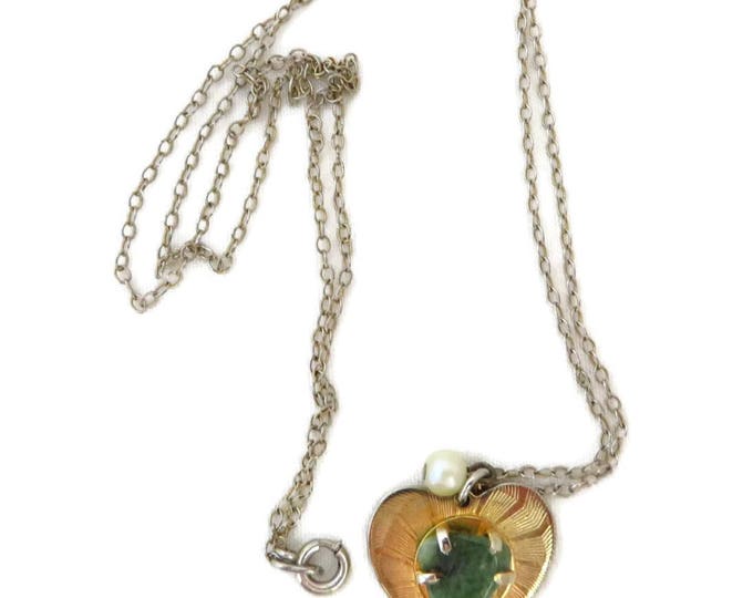 Faux Jade Heart Pendant, Vintage Gold Tone Faux Pearl, Jade Pendant Necklace