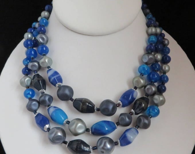 Vintage Japan Blue Bead Necklace, Multi Strand Beaded Choker, Mid-Century Costume Jewelry