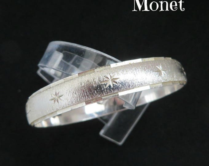 Monet Silver Tone Bangle - Vintage Brushed Silver Tone Stars Bracelet, Gift for Her, Gift Boxed
