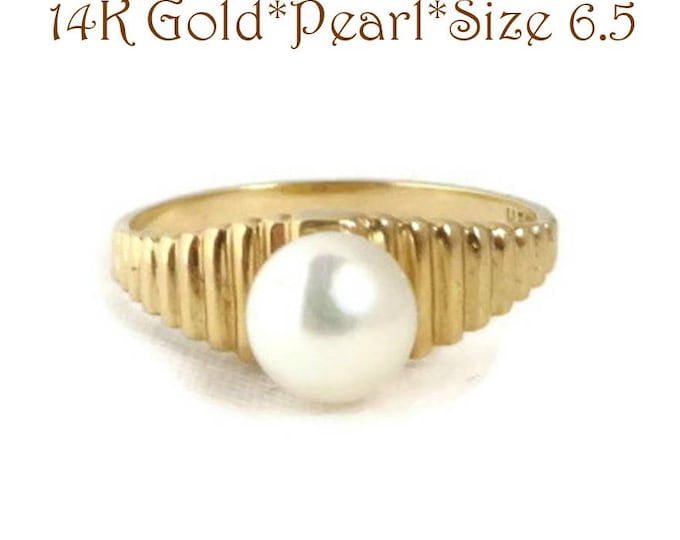 14K Gold Pearl Ring - Vintage Solitaire Pearl Ridged Gold Band Ring, Genuine Pearl Ring, Gift Idea, Size 6.5