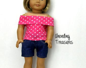 18 inch doll clothes made to fit like american girl doll clothes jean shorts and pink with white dots off shoulder top