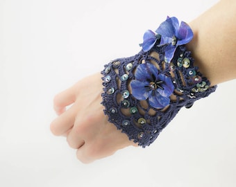 Blue crochet cuff bracelet-Lace-silk flowers-sequins-dark blue