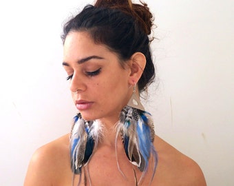Big feather earrings, cruelty-free feather earrings, matching feather earring pair, festival fashion, blue natural feathers, long earrings