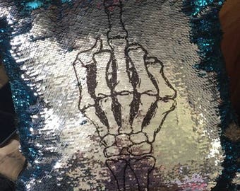 Mermaid Glitter pillow surprise message - Skeleton hand middle finger - 16x16inch pillow cover - mermaid pillow - mermaid sequins