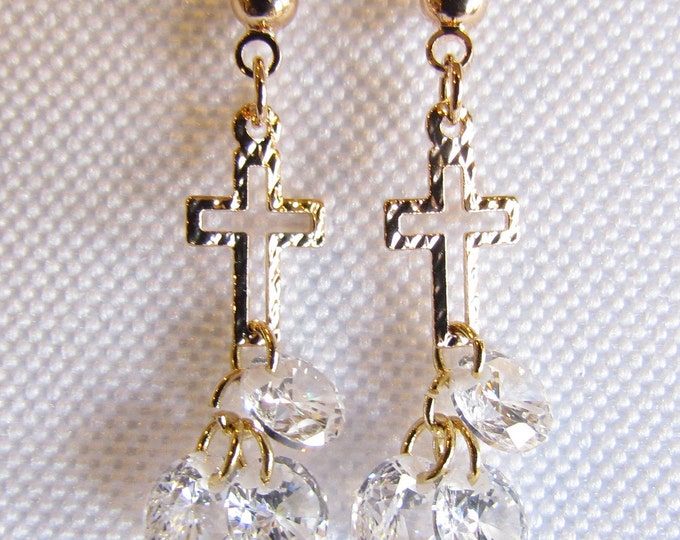 Tiny Gold Hammered Hollow Cross Stud Earring Small Dangle Zircons Women Girls Weddings - Saint Michaels Jewelry
